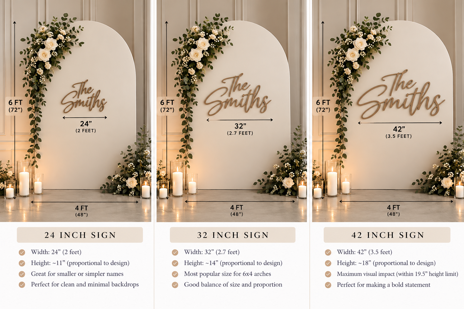 24, 32 and 42 inch wide script signs compared on matching 6 foot high by 4 foot wide arch backdrops