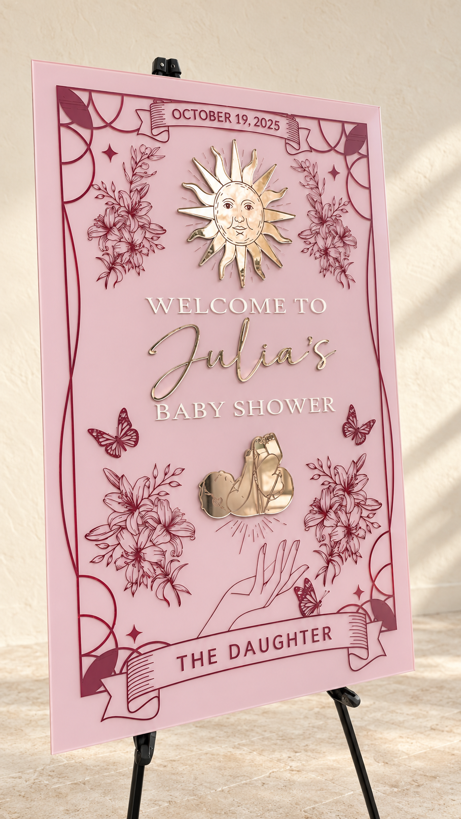Julia’s pink baby shower welcome sign with rose gold mirror acrylic details