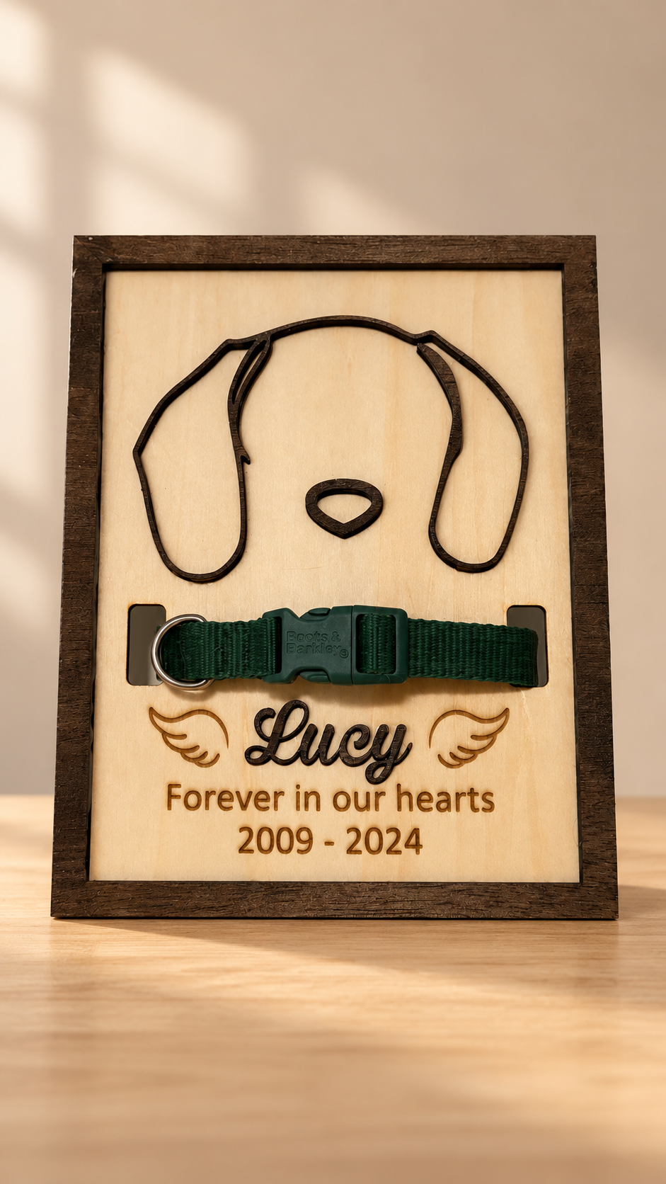 Lucy personalized layered wooden pet memorial sign with a place for her collar