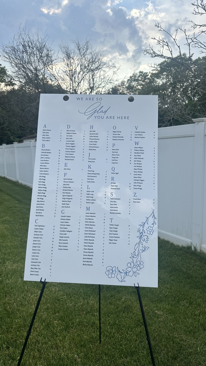 Custom floral wedding seating chart by SQ Designs